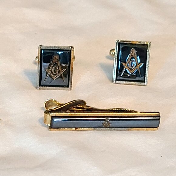 Vintage Gold Tone Masonic Freemason Black Stone Cufflinks Tie Tack Clip Men - Picture 8 of 9